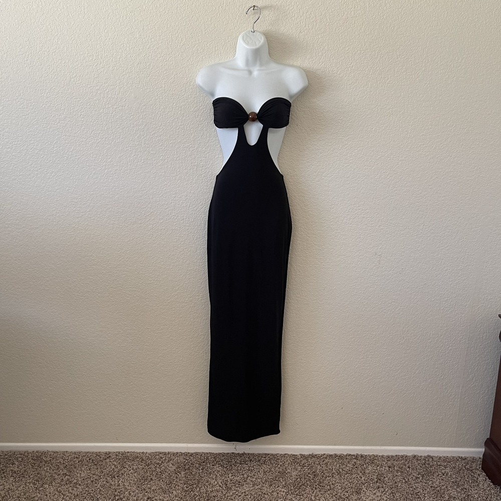 NWT PrettyLittleThing Black‎ Bodycon Bead Cut Out Bandeau Maxi Dress Size US 4